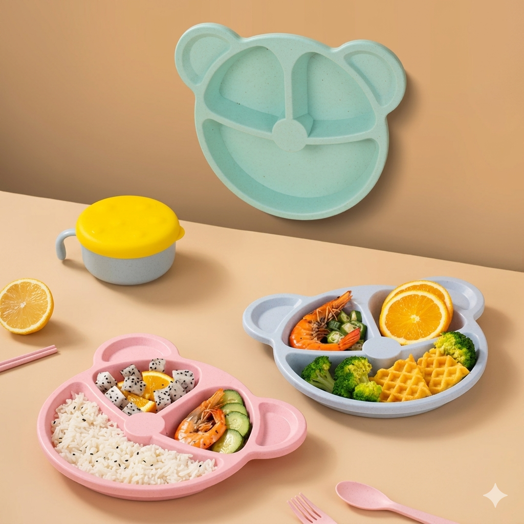 ZaalMaal Silicone Baby Feeding Set, Bear Divided Plate & Spoon