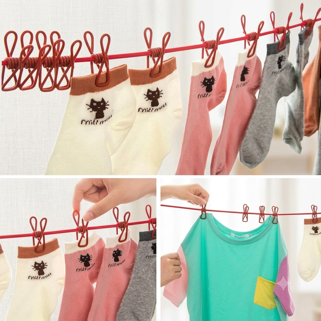 ZaalMaal Portable Clothesline with 12 Clips, Laundry Drying